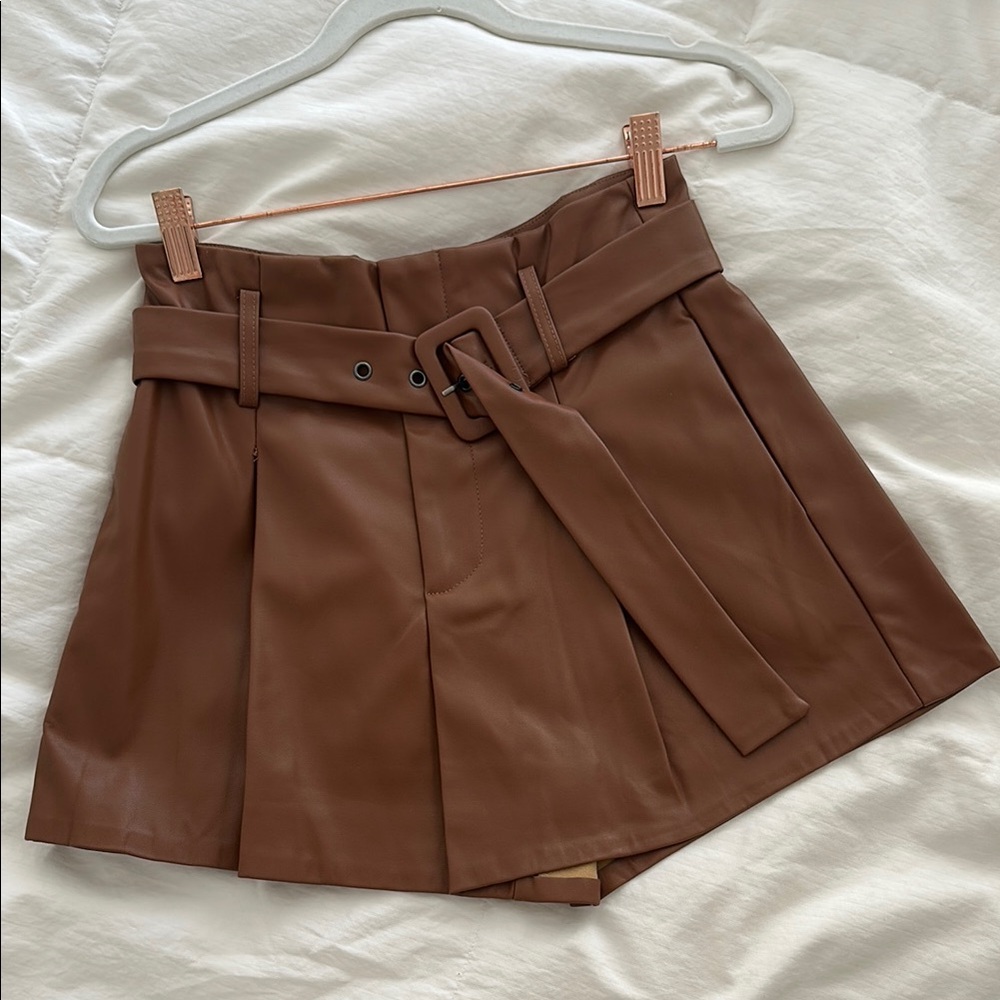 Brown Faux Leather Shorts with Belt